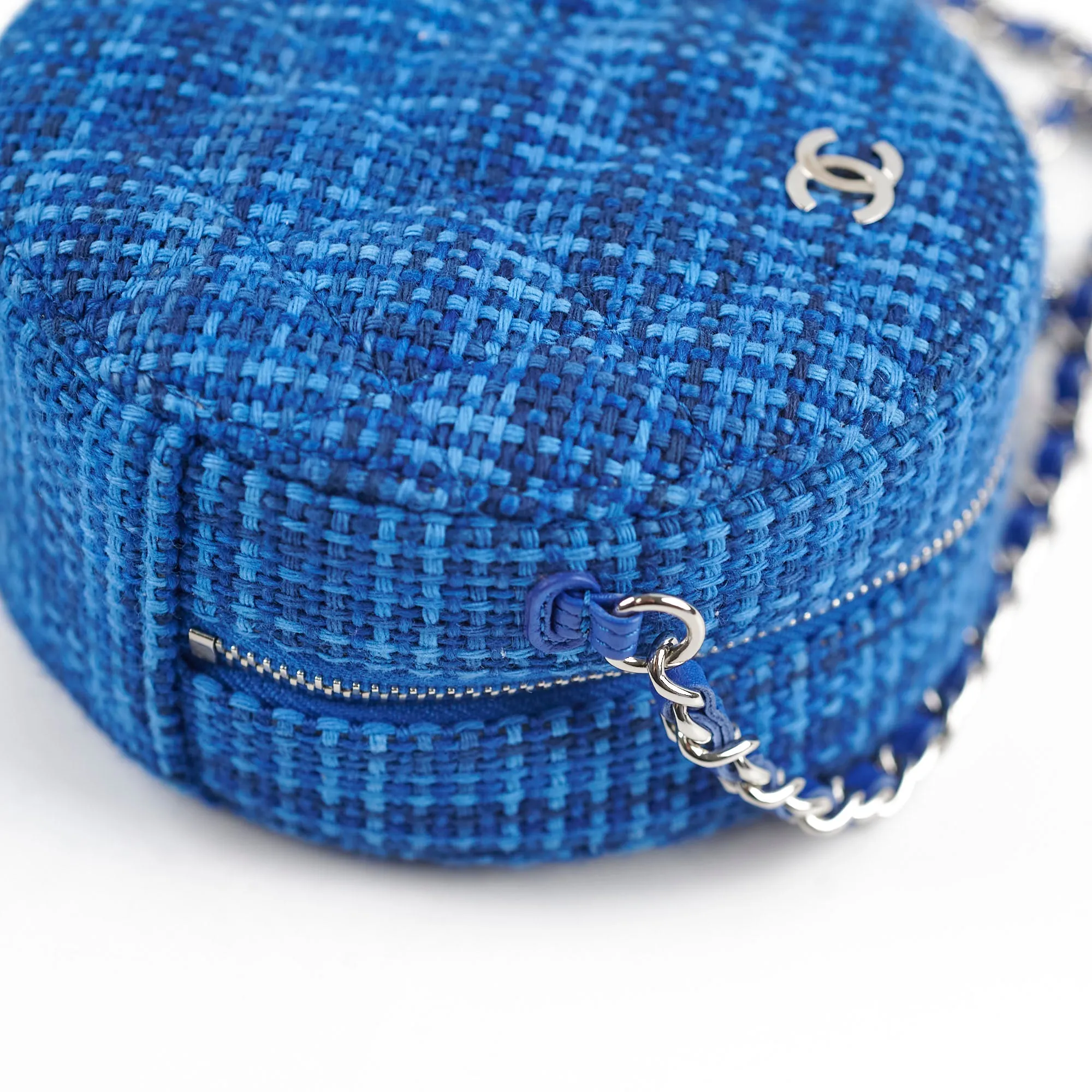 Chanel CC Tweed Mini Round Clutch with Chain Blue 2019