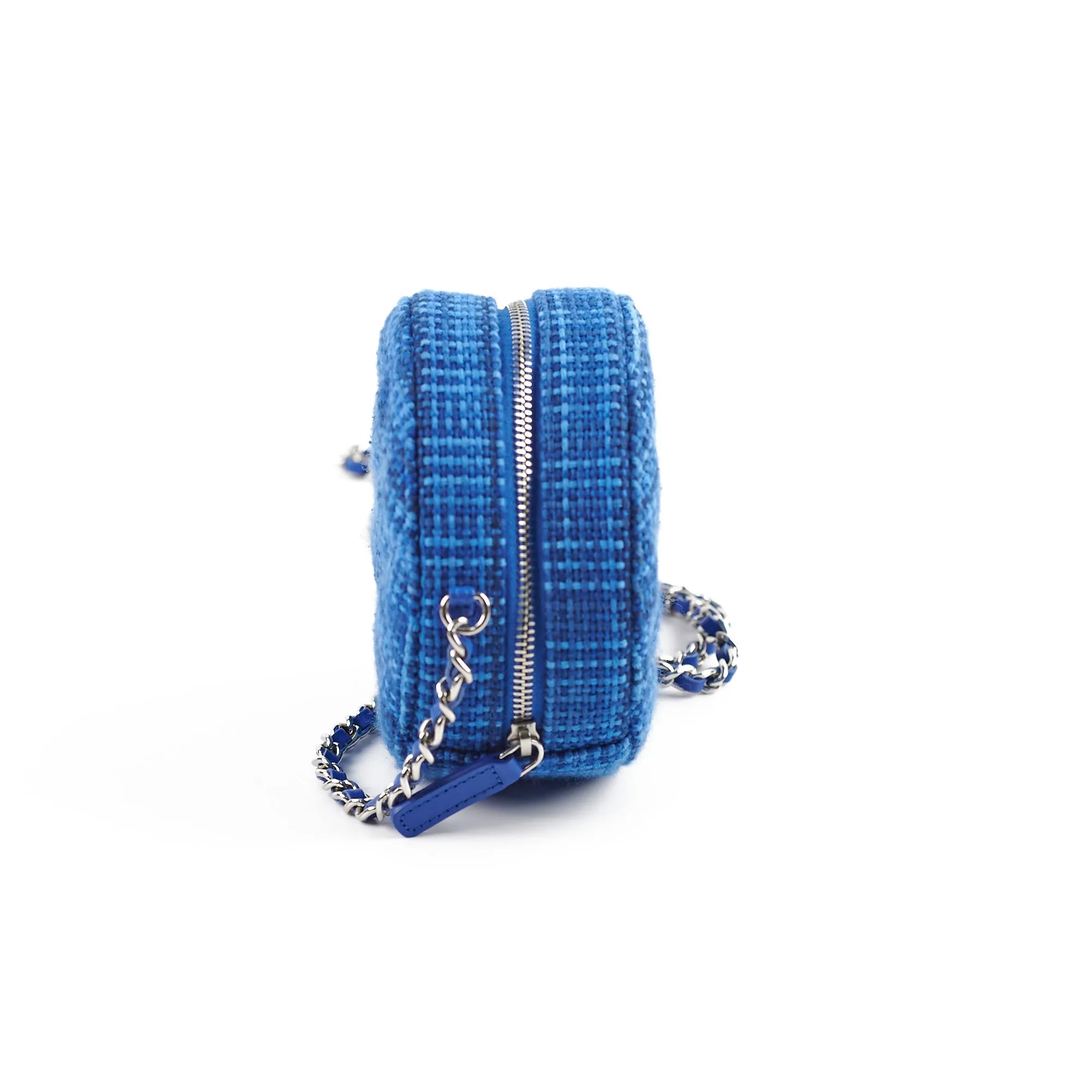 Chanel CC Tweed Mini Round Clutch with Chain Blue 2019