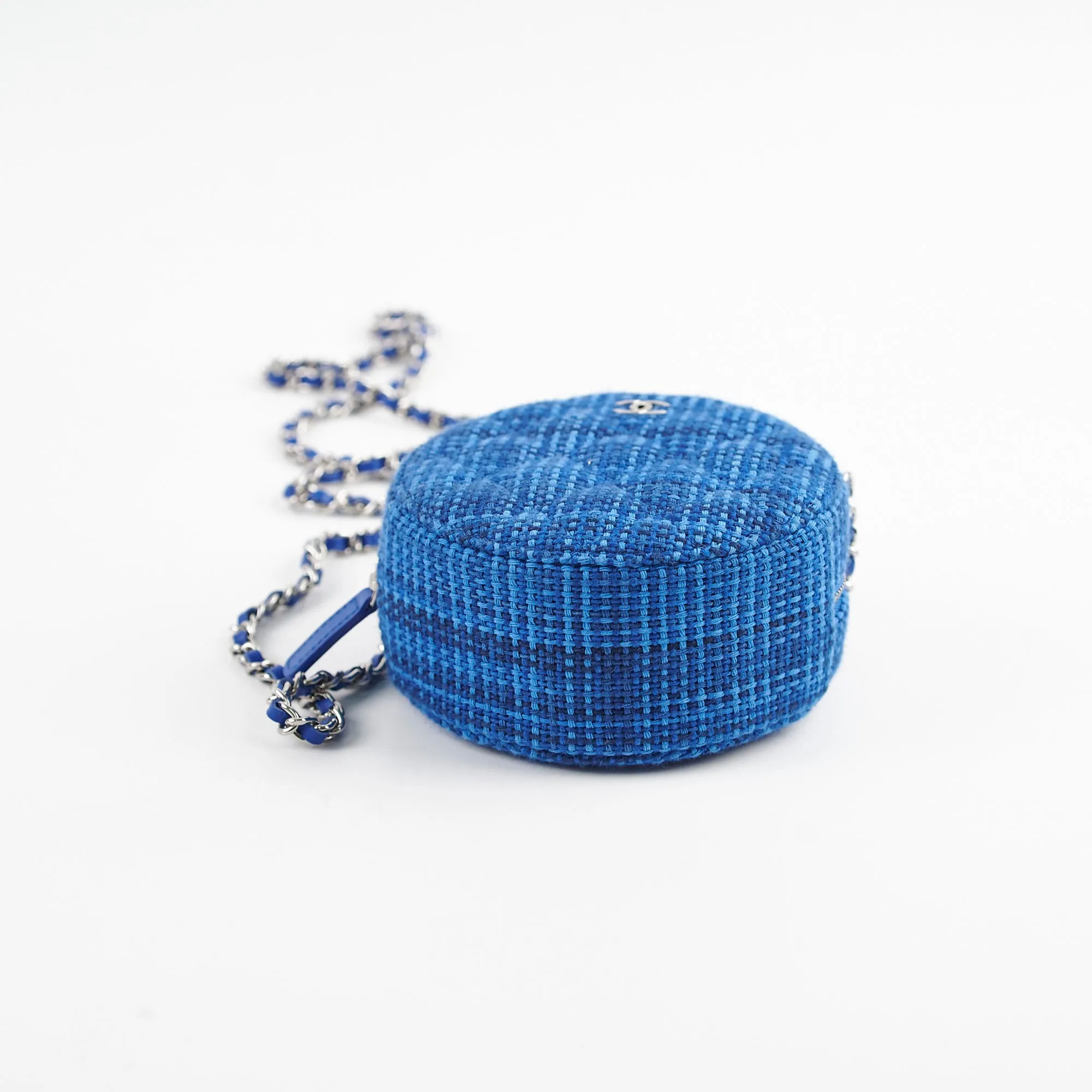 Chanel CC Tweed Mini Round Clutch with Chain Blue 2019
