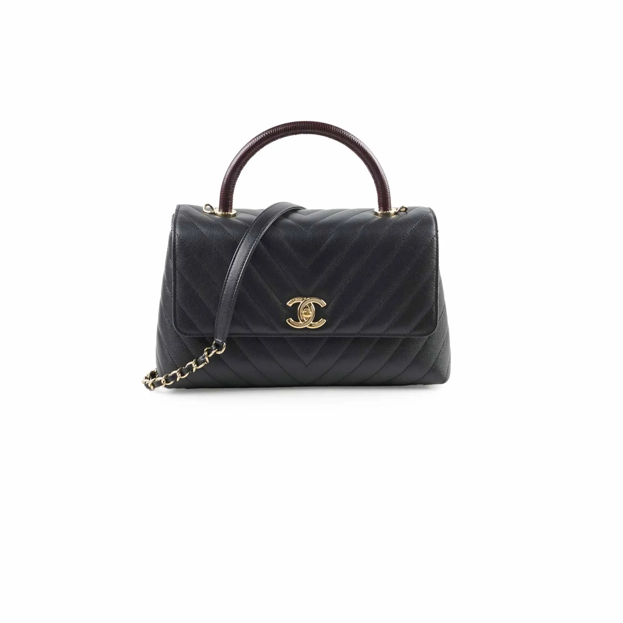 Chanel Medium Coco Handle (Lizard Top Handle) Black Chevron Top Handle Bags Cheap
