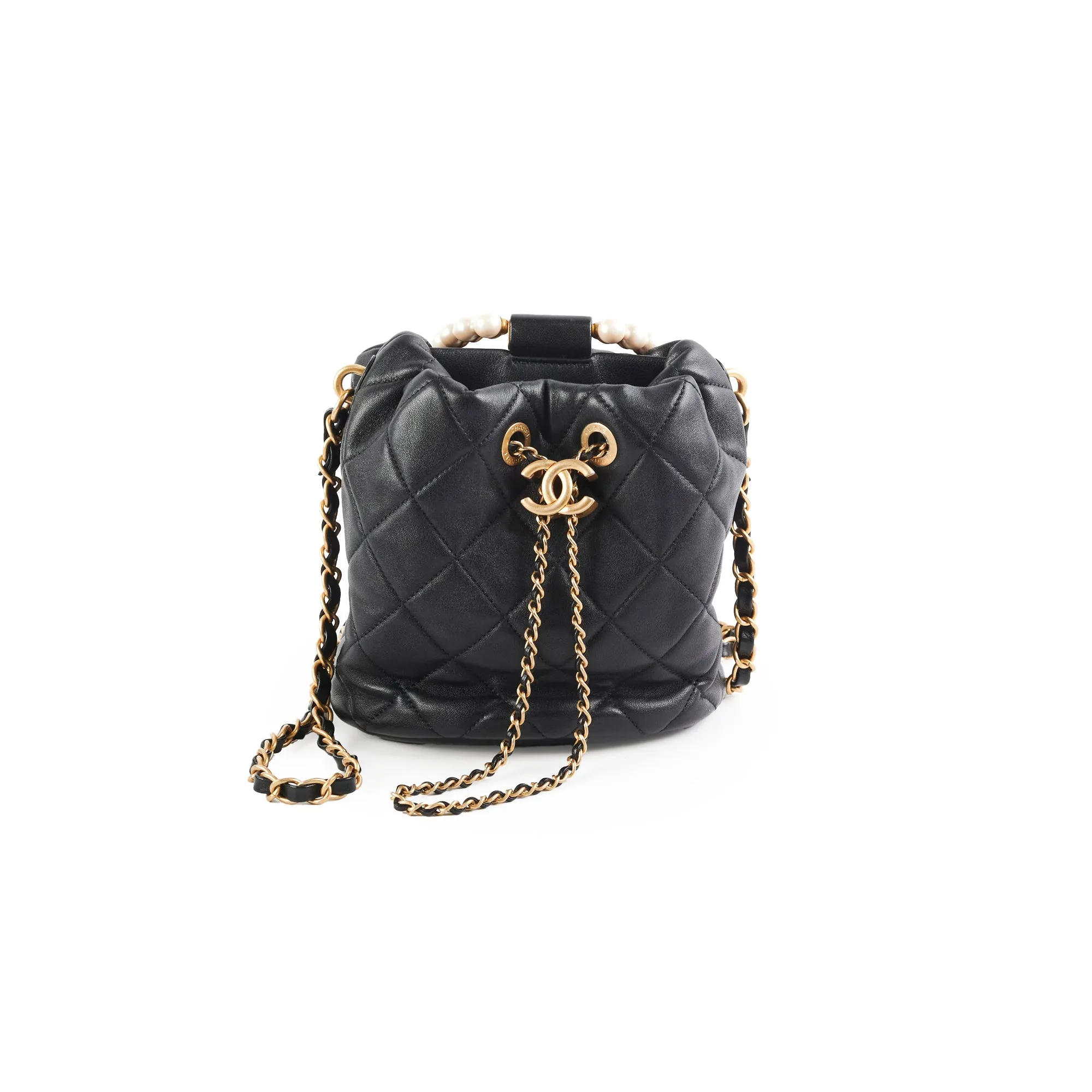 Chanel Pearl Top Handle Bucket Bag Lambskin Black Crossbody Bags Cheap Online
