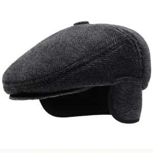 Chapman Winter Earflaps Wool Flat Cap boater hat with bow in beach sunlight