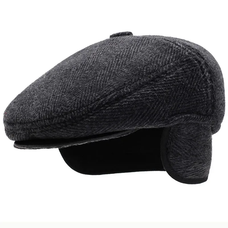Chapman Winter Earflaps Wool Flat Cap boater hat with bow in beach sunlight