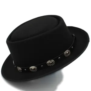Charlotte Wool Porkpie Hat stylish boater hat with ribbon on model