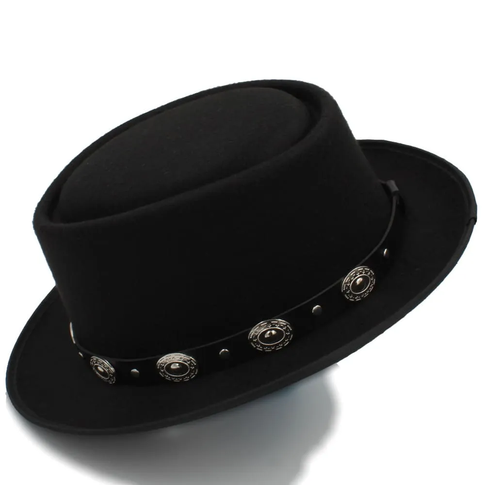 Charlotte Wool Porkpie Hat stylish boater hat with ribbon on model