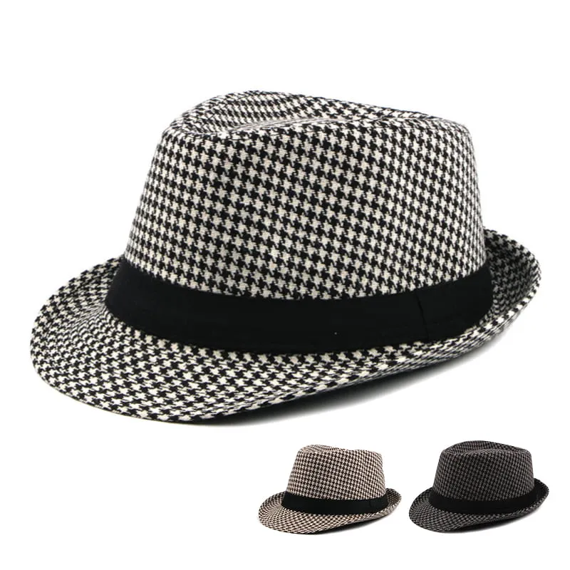 Chester Houndstooth Trilby Hat stylish boater hat with ribbon on model