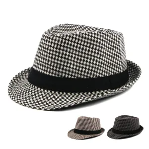 Chester Houndstooth Trilby Hat stylish boater hat with ribbon on model