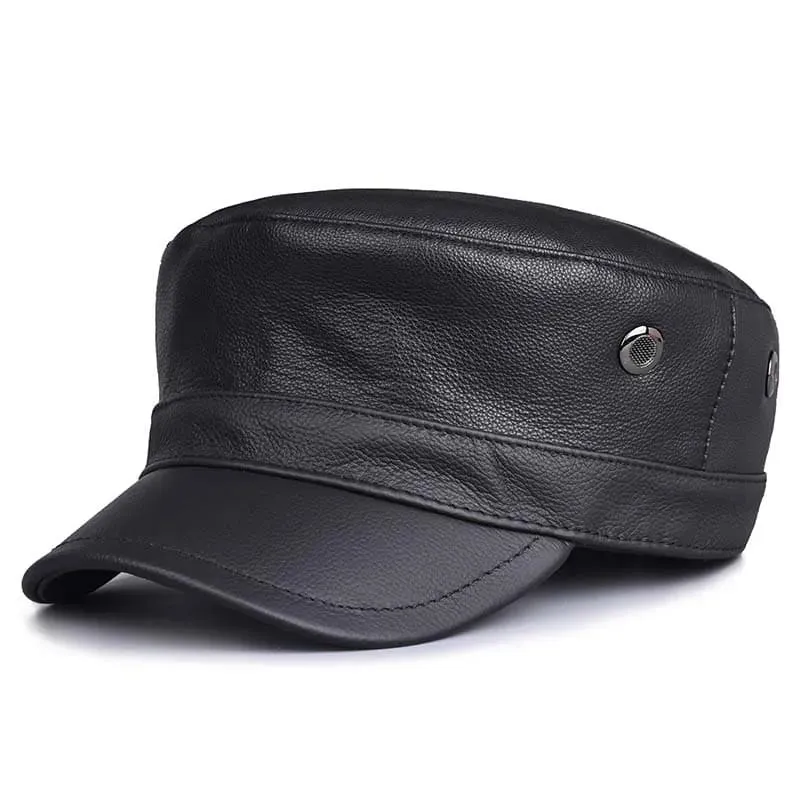 Chicago Plain Genuine Leather Army Cap stylish boater hat with ribbon on model