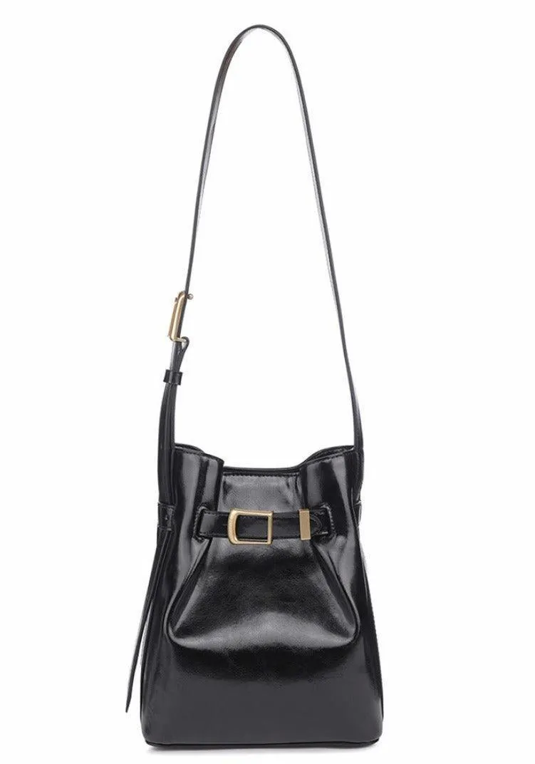 Classic Cowhide Leather Bucket Shoulder Bag with Gold-Tone Hardware Accents, Fashion Designer Bag, Chocolate Brown Black