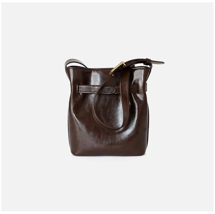 Classic Cowhide Leather Bucket Shoulder Bag with Gold-Tone Hardware Accents, Fashion Designer Bag, Chocolate Brown Black