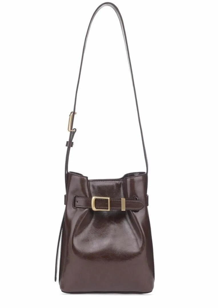 Classic Cowhide Leather Bucket Shoulder Bag with Gold-Tone Hardware Accents, Fashion Designer Bag, Chocolate Brown Black