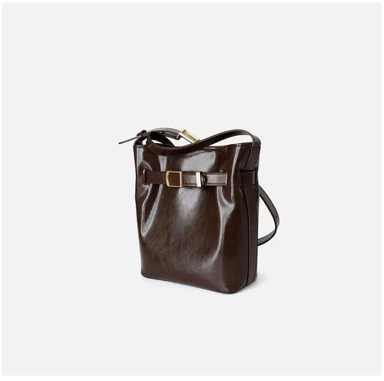 Classic Cowhide Leather Bucket Shoulder Bag with Gold-Tone Hardware Accents, Fashion Designer Bag, Chocolate Brown Black