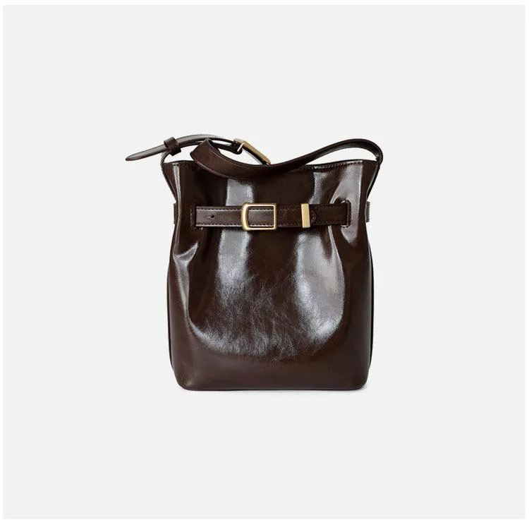 Classic Cowhide Leather Bucket Shoulder Bag with Gold-Tone Hardware Accents, Fashion Designer Bag, Chocolate Brown Black