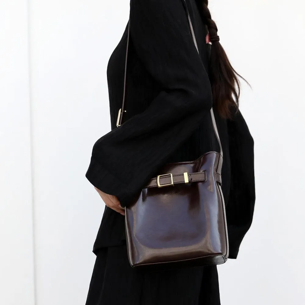 Classic Cowhide Leather Bucket Shoulder Bag with Gold-Tone Hardware Accents, Fashion Designer Bag, Chocolate Brown Black bucket bags for sale