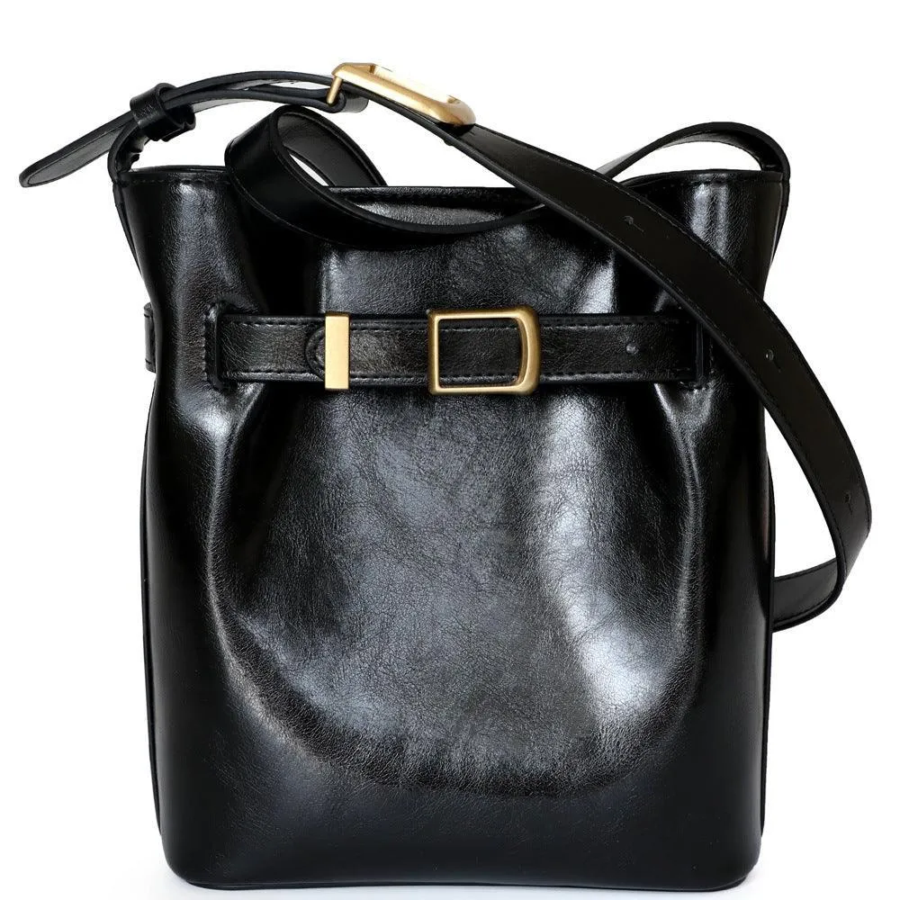 Classic Cowhide Leather Bucket Shoulder Bag with Gold-Tone Hardware Accents, Fashion Designer Bag, Chocolate Brown Black