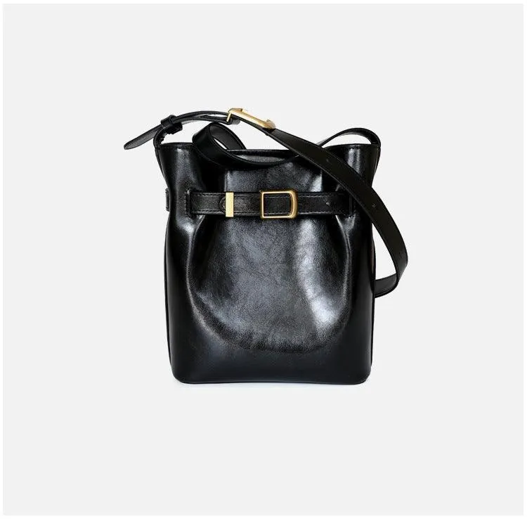 Classic Cowhide Leather Bucket Shoulder Bag with Gold-Tone Hardware Accents, Fashion Designer Bag, Chocolate Brown Black