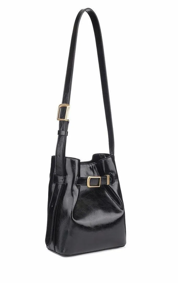 Classic Cowhide Leather Bucket Shoulder Bag with Gold-Tone Hardware Accents, Fashion Designer Bag, Chocolate Brown Black