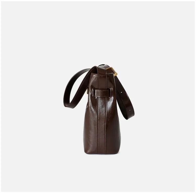 Classic Cowhide Leather Bucket Shoulder Bag with Gold-Tone Hardware Accents, Fashion Designer Bag, Chocolate Brown Black