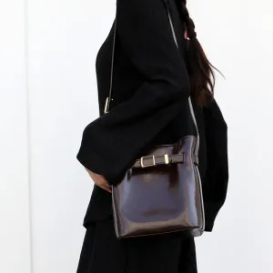 Classic Cowhide Leather Bucket Shoulder Bag with Gold-Tone Hardware Accents, Fashion Designer Bag, Chocolate Brown Black bucket bags for sale