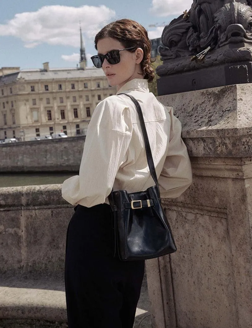 Classic Cowhide Leather Bucket Shoulder Bag with Gold-Tone Hardware Accents, Fashion Designer Bag, Chocolate Brown Black