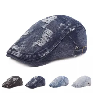 Classic Ripped Denim Flat Cap boater hat with bow in beach sunlight