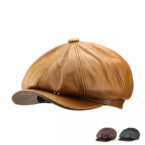 Cocteau Genuine Leather Newsboy Cap stylish boater hat with ribbon on model