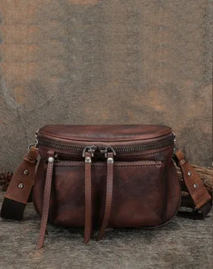 Coffee Leather Womens Saddle Shoulder Bag Fanny Pack Handmade Crossbody Purse for Ladies Black Gray