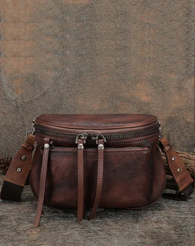 Coffee Leather Womens Saddle Shoulder Bag Fanny Pack Handmade Crossbody Purse for Ladies Black Gray