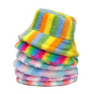 Colourful Striped Fur Bucket hat boater hat with bow in beach sunlight
