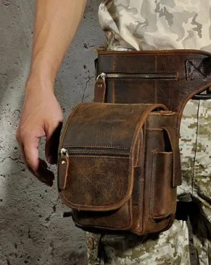 Cool Biker Mens Leather Drop Leg Bag Side Bag Belt Pouch Waist Bag Shoulder Bag for Men Vintage Brown