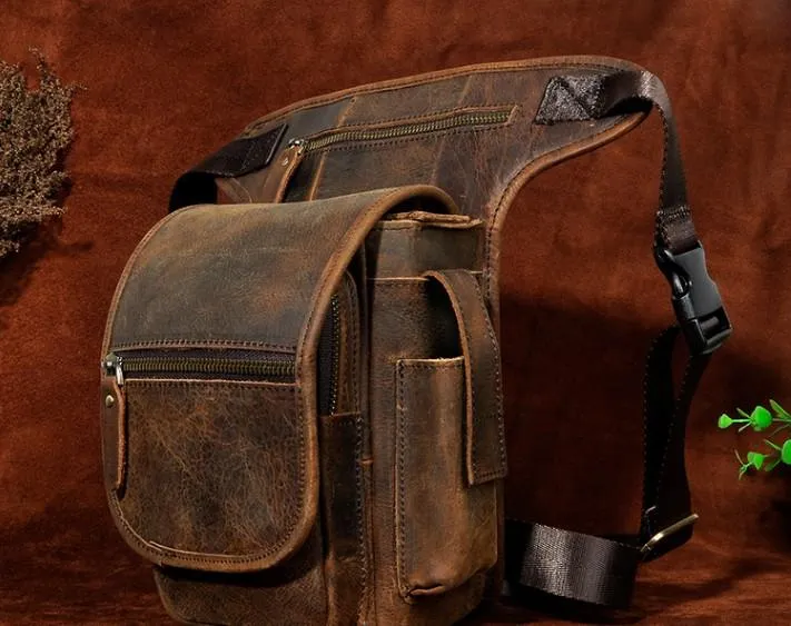Cool Biker Mens Leather Drop Leg Bag Side Bag Belt Pouch Waist Bag Shoulder Bag for Men