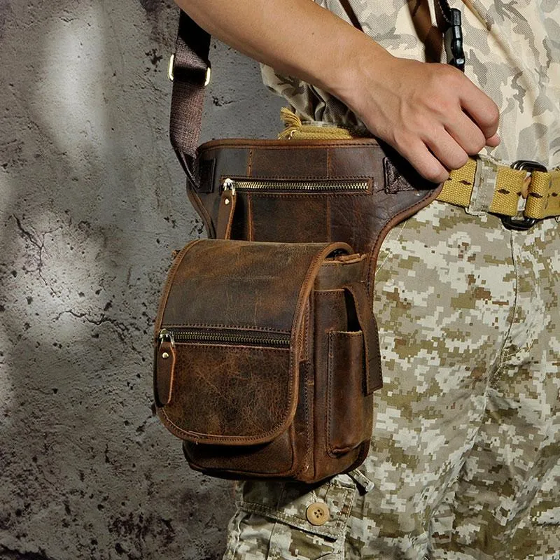 Cool Biker Mens Leather Drop Leg Bag Side Bag Belt Pouch Waist Bag Shoulder Bag for Men