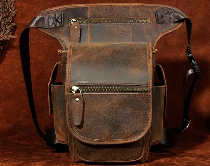 Cool Biker Mens Leather Drop Leg Bag Side Bag Belt Pouch Waist Bag Shoulder Bag for Men