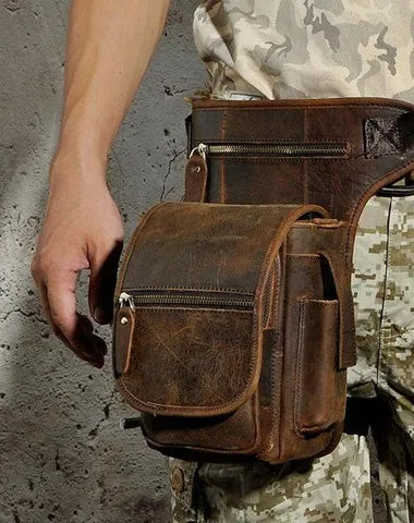 Cool Biker Mens Leather Drop Leg Bag Side Bag Belt Pouch Waist Bag Shoulder Bag for Men Vintage Brown