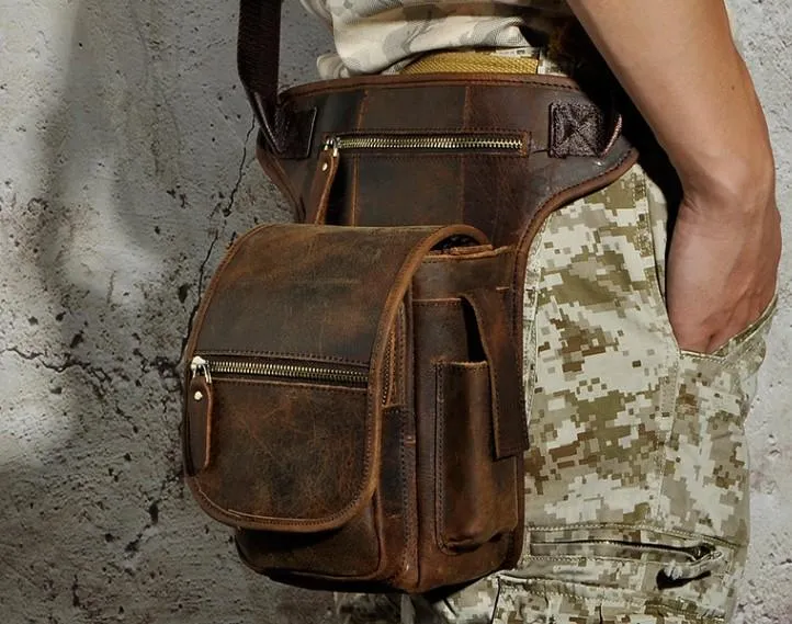 Cool Biker Mens Leather Drop Leg Bag Side Bag Belt Pouch Waist Bag Shoulder Bag for Men
