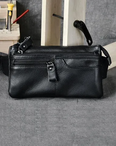Cool Black Leather Fanny Pack Mens Black Waist Bag Hip Pack Black Belt Bag for Men Black