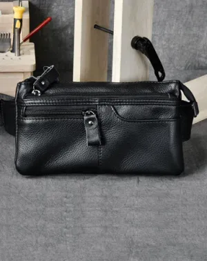 Cool Black Leather Fanny Pack Mens Black Waist Bag Hip Pack Black Belt Bag for Men Black