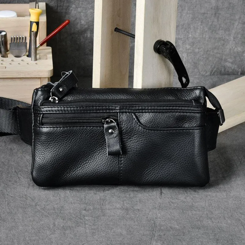 Cool Black Leather Fanny Pack Mens Black Waist Bag Hip Pack Black Belt Bag for Men