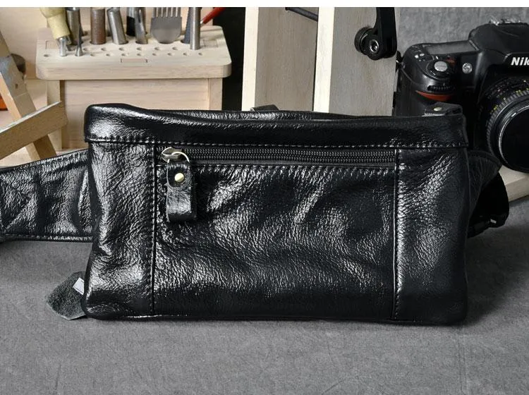 Cool Black Leather Fanny Pack Mens Waist Bag Hip Black Pack Bumbag for Men