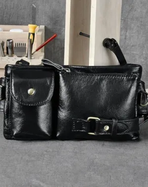 Cool Black Leather Fanny Pack Mens Waist Bag Hip Black Pack Bumbag for Men Black