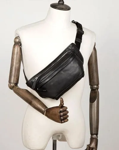 Cool Black Leather Fanny Pack Mens Waist Bag Hip Pack Black Belt Bags Bumbag for Men Black