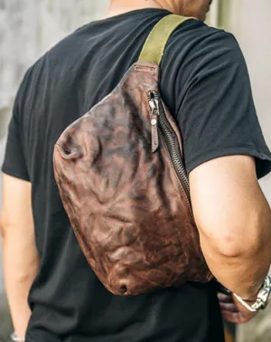 Cool Black Leather Men Chest Bag Waist Bags Coffee Fanny Pack Hip Bag One Shoulder Backpack For Men Coffee