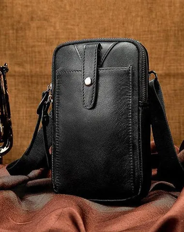 Cool Black Leather Men's Cell Phone Holster Mini Side Bag Waist Belt Pouch For Men Black