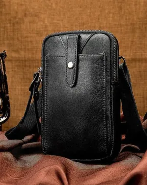 Cool Black Leather Men's Cell Phone Holster Mini Side Bag Waist Belt Pouch For Men Black