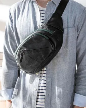 Cool Black Leather Mens Chest Bag Waist Bag Sling Bags Black Fanny Pack for Men Black