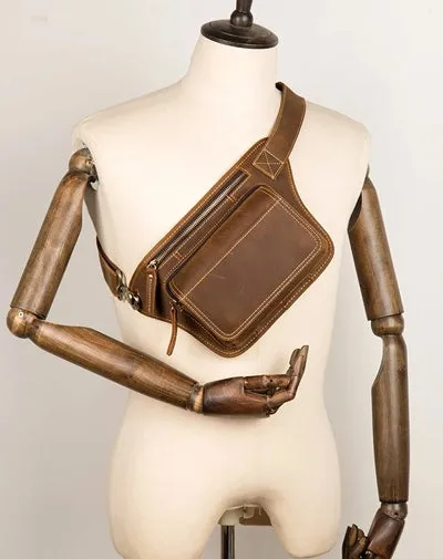 Cool Brown Leather Fanny Pack Mens Waist Bags Hip Pack Belt Bag Bumbags for Men Brown