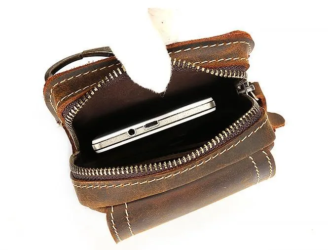 Cool Brown Leather Mens Belt Case Belt Pouch Mini Waist Pouch Belt Bags For Men