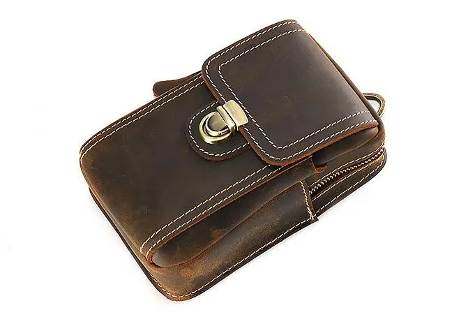 Cool Brown Leather Mens Belt Case Belt Pouch Mini Waist Pouch Belt Bags For Men