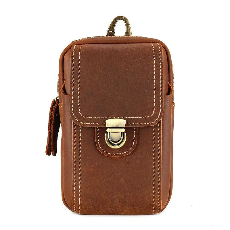 Cool Brown Leather Mens Belt Case Belt Pouch Mini Waist Pouch Belt Bags For Men