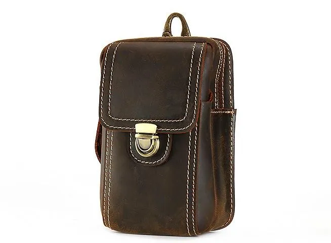 Cool Brown Leather Mens Belt Case Belt Pouch Mini Waist Pouch Belt Bags For Men